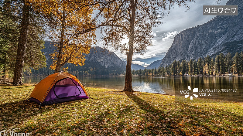 【AI数字艺术】雪山湖泊下的露营帐篷图片素材