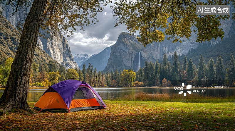 【AI数字艺术】雪山湖泊下的露营帐篷图片素材