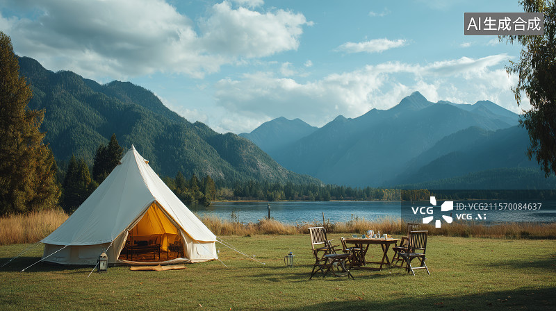 【AI数字艺术】雪山湖泊下的露营帐篷图片素材