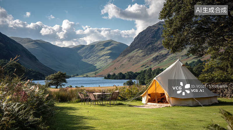 【AI数字艺术】雪山湖泊下的露营帐篷图片素材