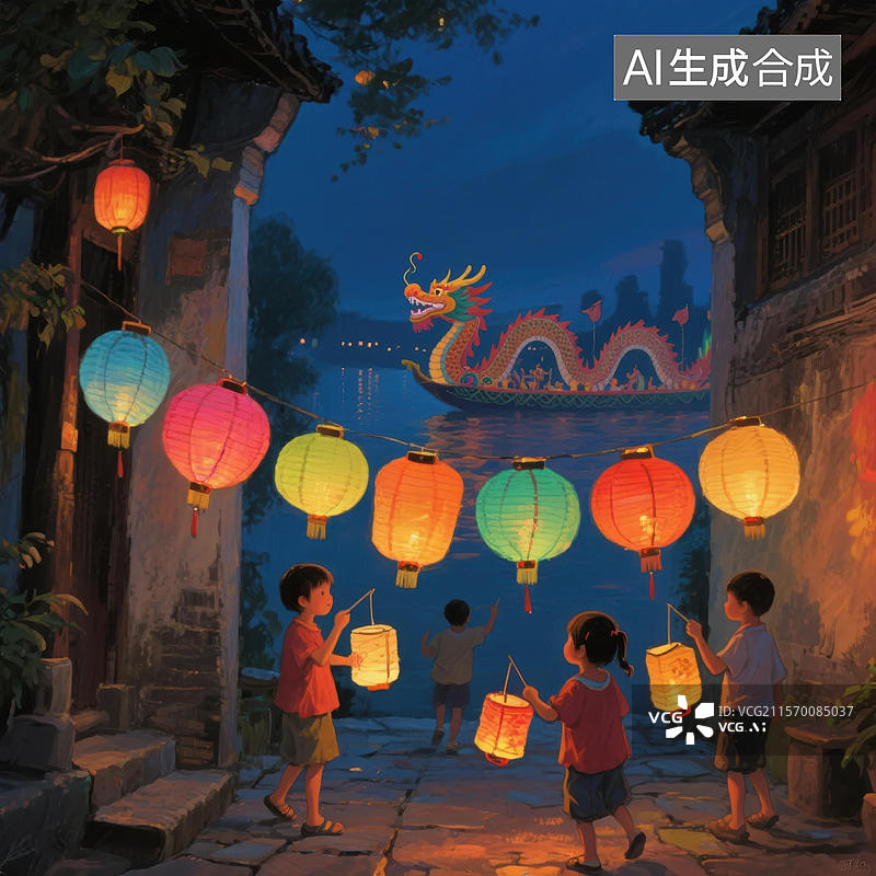 【AI数字艺术】夜色中的灯笼节图片素材