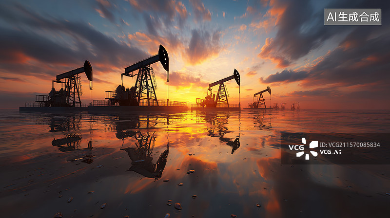 【AI数字艺术】日落时分的油田泵站图片素材