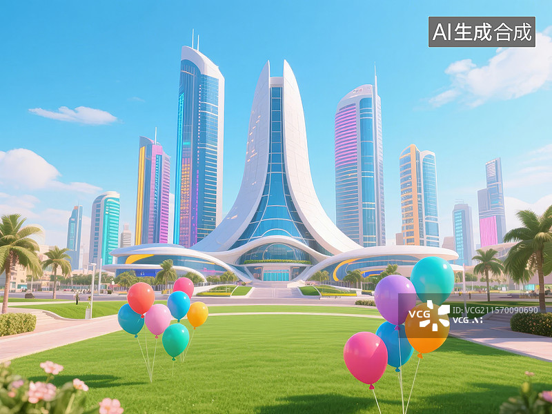 【AI数字艺术】现代城市中的未来主义建筑与气球图片素材