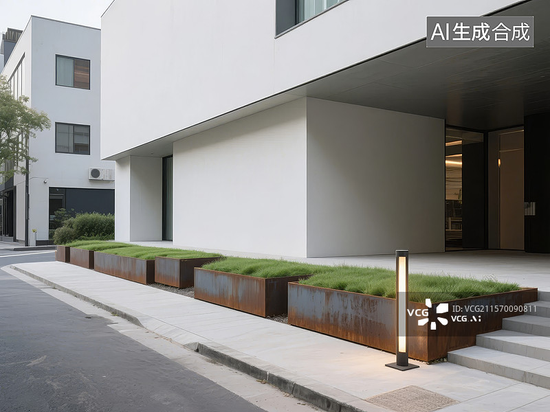 【AI数字艺术】现代建筑入口与绿化带图片素材