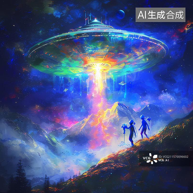 【AI数字艺术】UFO降临山川森林中外星人聚集的神秘科幻片概念图图片素材