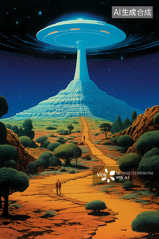 【AI数字艺术】UFO降临广阔沙漠丹霞地貌中外星人走路的神秘科幻片概念图图片素材