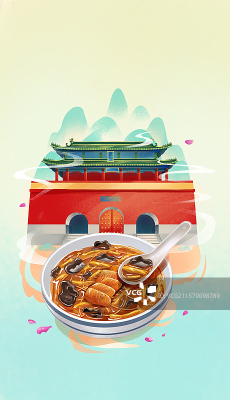 河南特色建筑 登封中岳庙和特色美食胡辣汤 插画图片素材