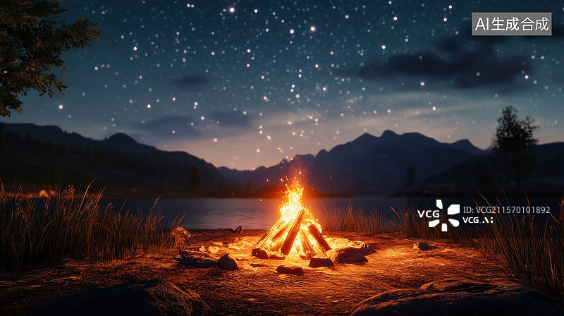 【AI数字艺术】星空下的篝火图片素材