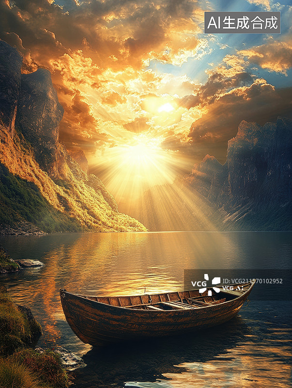 【AI数字艺术】一幅美丽的自然风光。夕阳西下，阳光穿透云层洒在湖面上，形成一道道金色的光芒。一艘小船静静地停泊在湖边图片素材