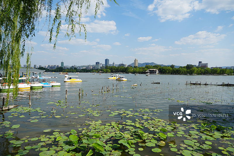 蓝天白云下的济南大明湖夏季风光图片素材