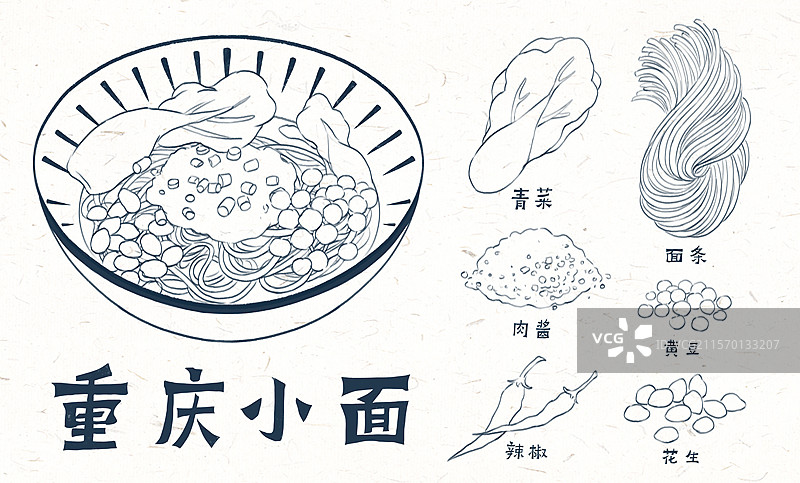 插画重庆小面面条和配料 线稿版图片素材
