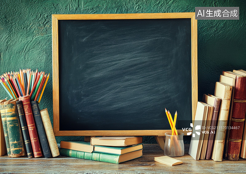 【AI数字艺术】黑板与书本的学习场景图片素材