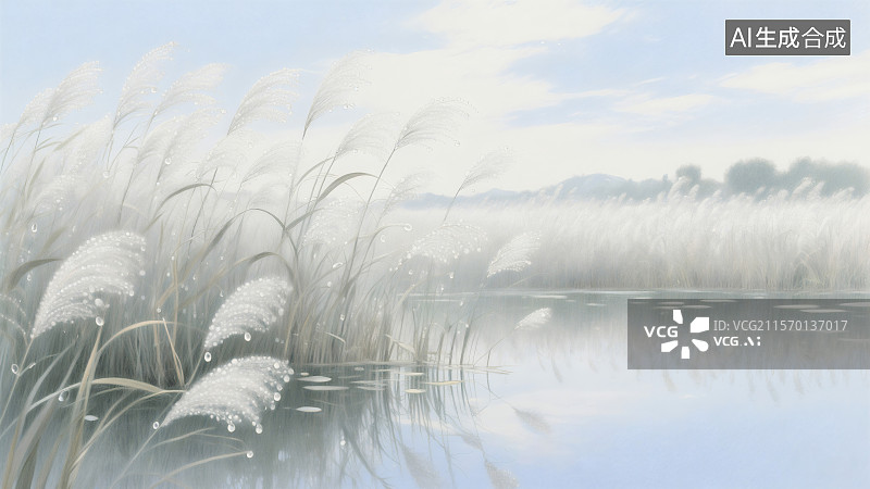 【AI数字艺术】湖边芦苇上挂着露珠，远处山峦在薄雾中若隐若现，宁静而美丽图片素材