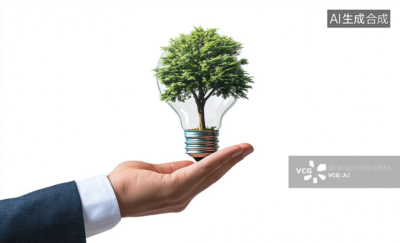 【AI数字艺术】一位穿着西装的人，手中拿着一个灯泡。灯泡内部有一棵绿色的小树，象征着可持续发展和环保理念。背景模糊图片素材