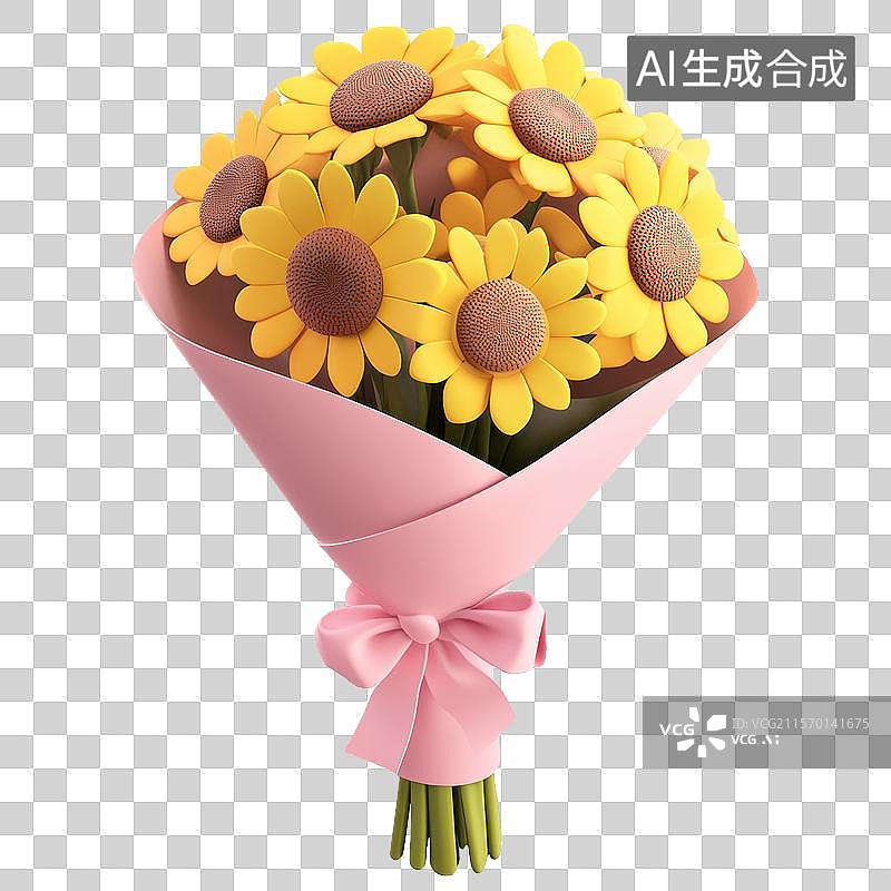 【AI数字艺术】3D三维立体黄色向日葵花束元素图片素材
