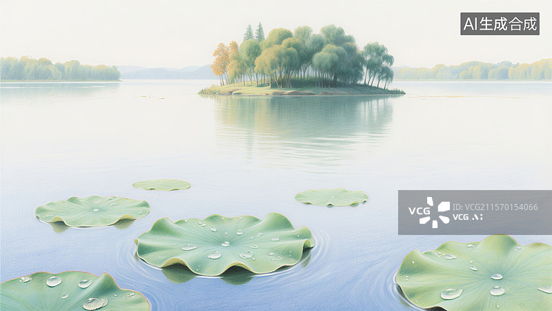 【AI数字艺术】湖面上漂浮着荷叶，远处小岛绿树成荫，水面宁静倒映着天空和树木图片素材