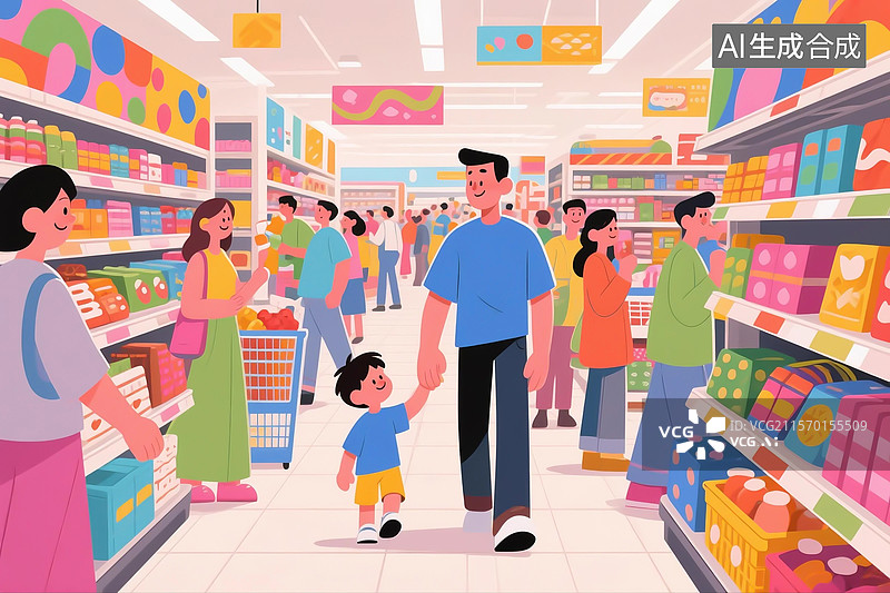【AI数字艺术】温馨购物：父子牵手漫步多彩超市图片素材