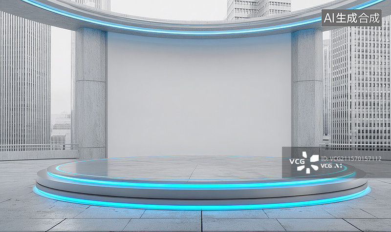 【AI数字艺术】工业制造空间科技新质生产力工业4.0未来派3D圆形讲台与全息显示银蓝色调空间与城市商业背景图片素材