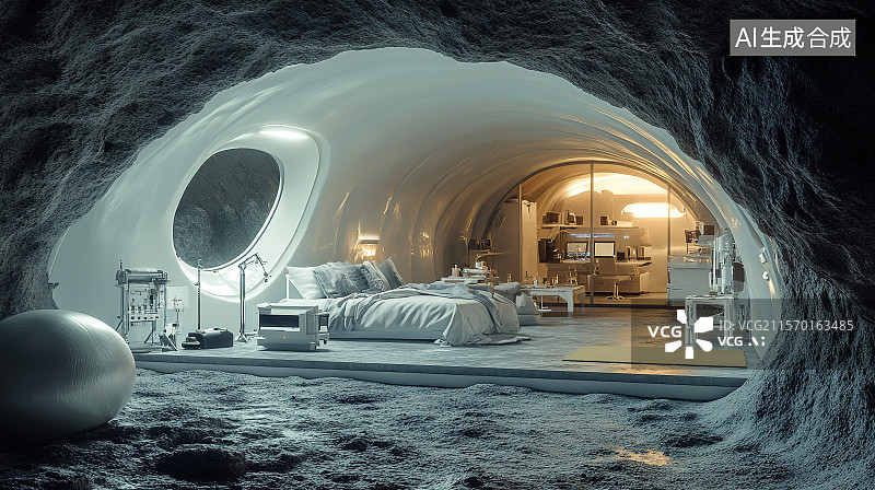 【AI数字艺术】月球熔岩洞基地月球基地3D渲染图片素材