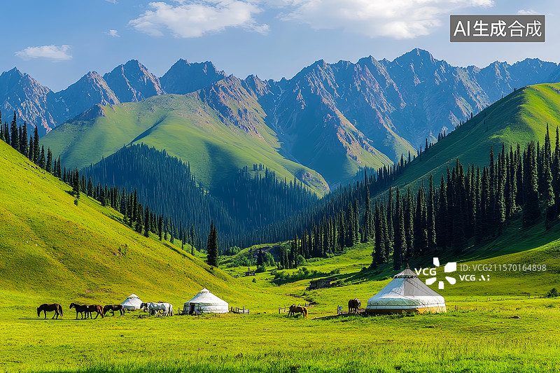 【AI数字艺术】草原上的蒙古包和马群图片素材