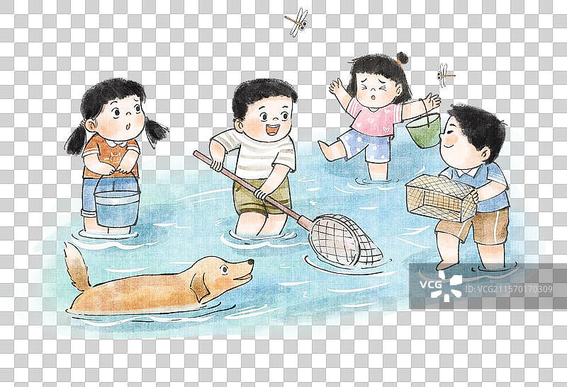 手绘水墨童年之大家一起小溪抓鱼免抠元素图片素材