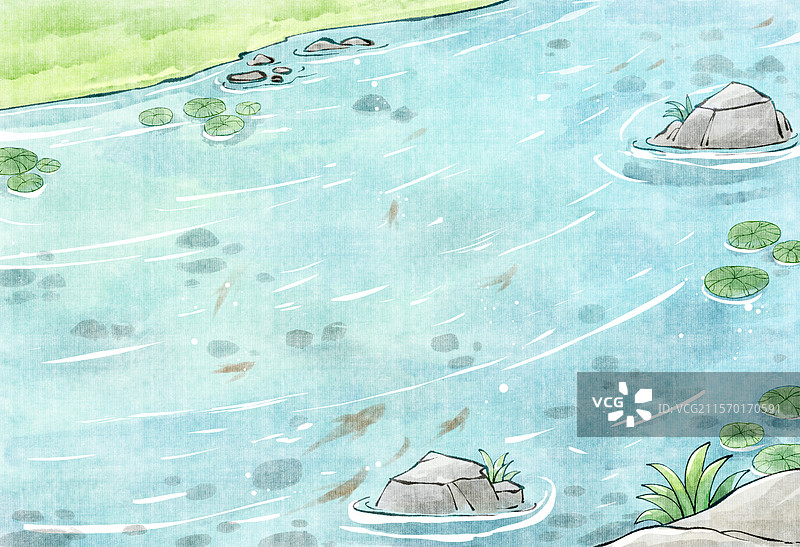手绘水墨小溪流小清新背景插画图片素材