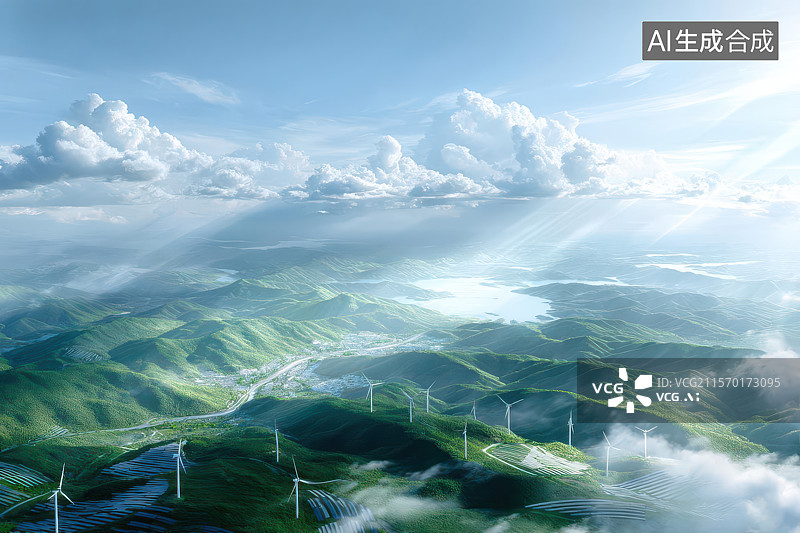 【AI数字艺术】青山绿野风光与清洁能源矩阵图片素材