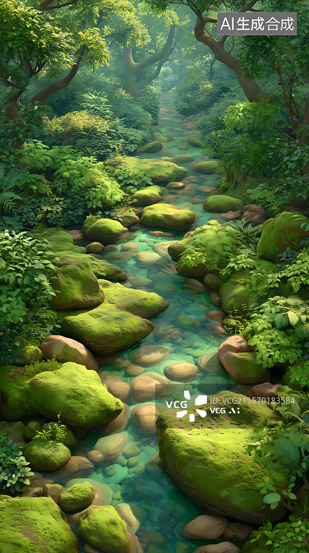 【AI数字艺术】3D卡通溪流青苔和树林图片素材