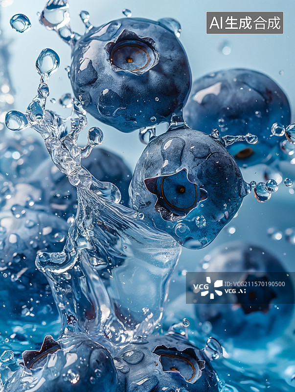【AI数字艺术】蓝莓水花四溅的瞬间图片素材