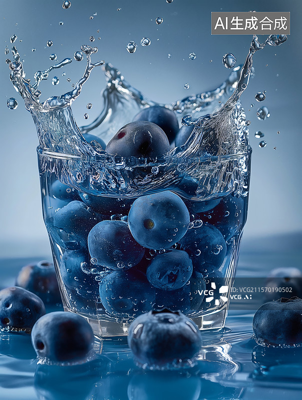 【AI数字艺术】蓝莓水花四溅的瞬间图片素材