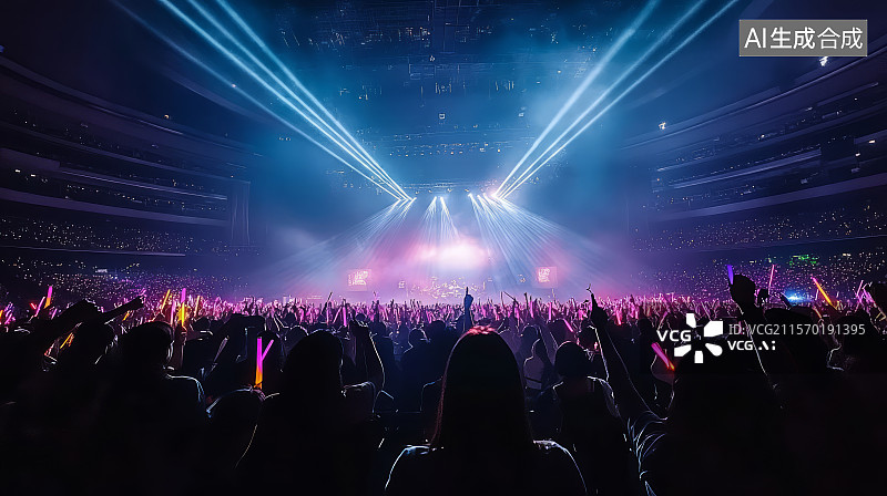 【AI数字艺术】演唱会舞台灯光氛围下人群举手欢呼背影图片素材