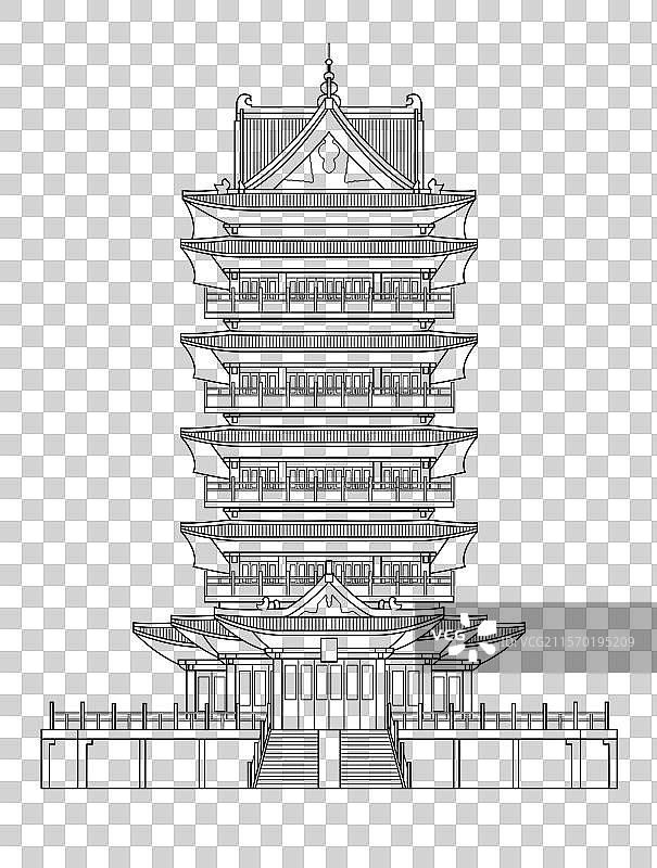 国风安徽合肥城市印象地标建筑合肥包公园清风阁线条线稿图片素材