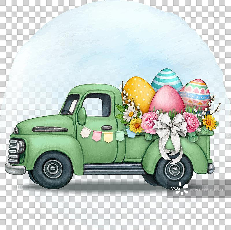 水彩手绘复古卡车与复活节元素图片素材