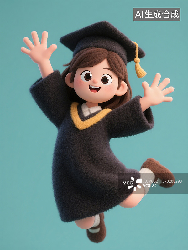 【AI数字艺术】大学毕业生：毛毡质感卡通风格跳跃的学士服学生图片素材