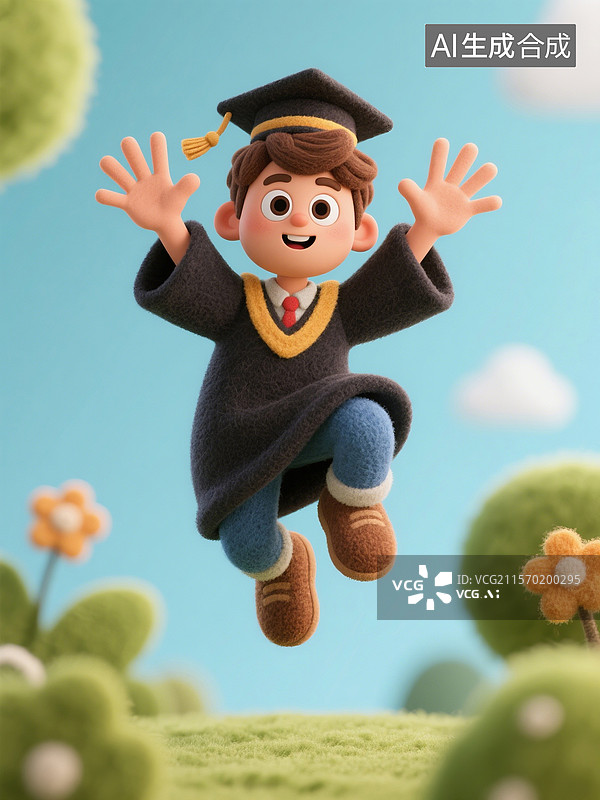 【AI数字艺术】大学毕业生：毛毡质感卡通风格跳跃的学士服学生图片素材