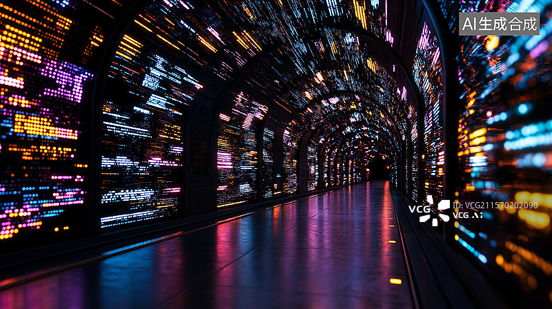 【AI数字艺术】炫彩的数据流通道图片素材