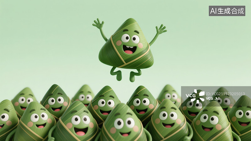 【AI数字艺术】拟人化手绘卡通小粽子，端午节场景插画海报背景图片素材