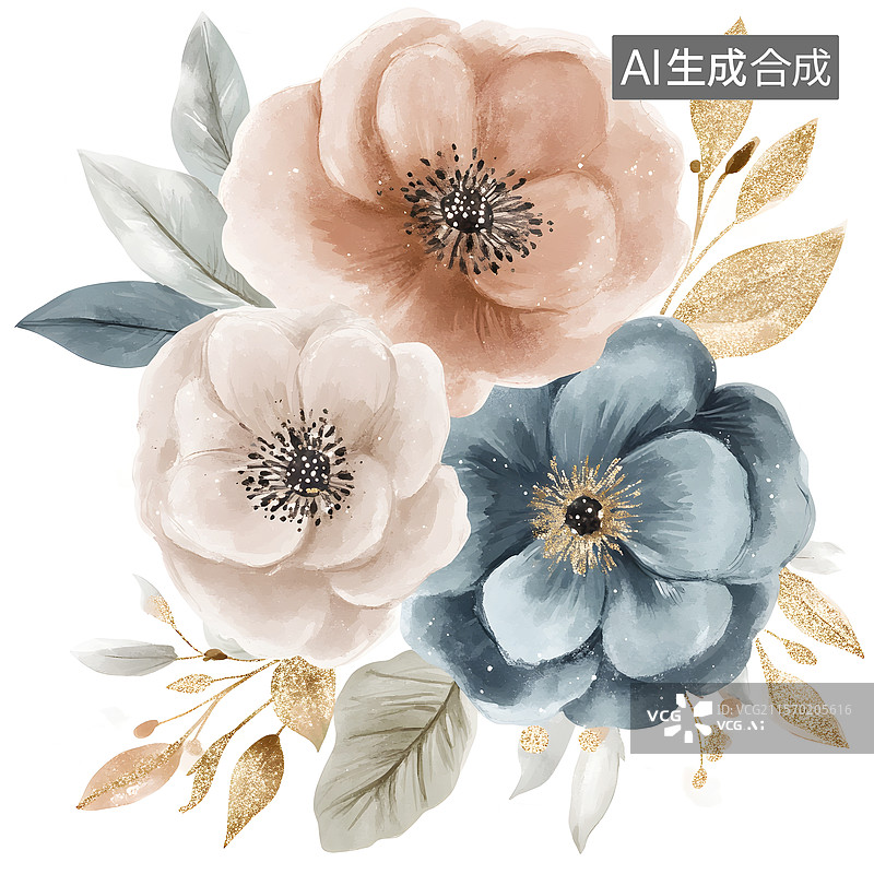 【AI数字艺术】AIGC：白色背景下的花卉 水彩画风格图片素材