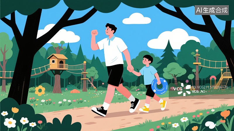 【AI数字艺术】户外蓝天白云下父亲牵着拿着游泳圈的小男孩，父亲节节日海报插画背景图片素材