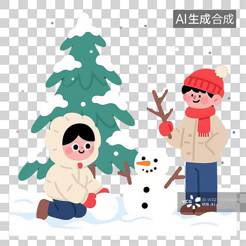 【AI数字艺术】冬季雪景中玩雪的男孩女孩与雪人图片素材