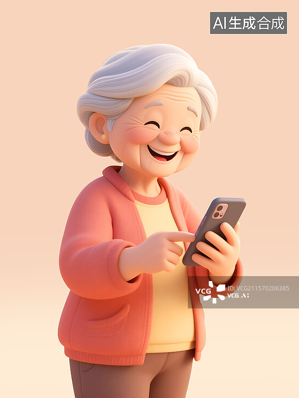 【AI数字艺术】3D三维C4D老年人女性女人快乐刷手机互联网娱乐快乐开心图片素材