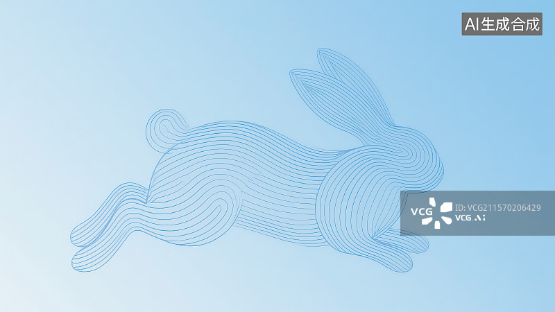 【AI数字艺术】浅蓝色极简线条艺术风格流动曲线勾勒“兔子”轮廓，新年春节吉祥物属相传十二生肖动物“兔”年图片素材
