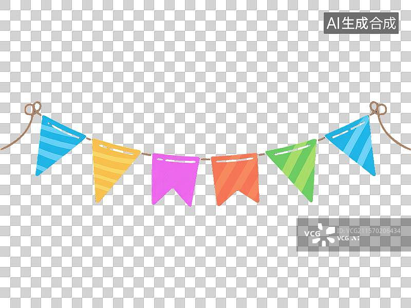 【AI数字艺术】黑色背景上的彩色彩旗扁平漫画图片素材