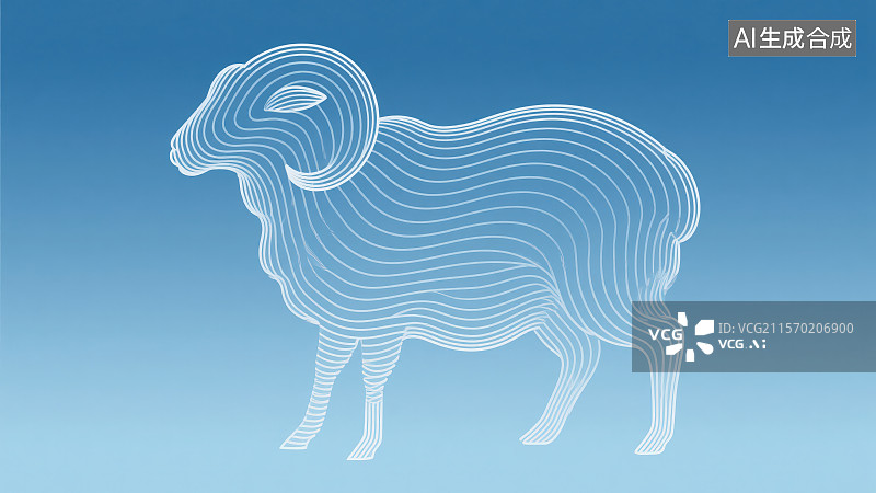 【AI数字艺术】浅蓝色极简线条艺术风格流动曲线勾勒“羊”轮廓，新年春节吉祥物属相传十二生肖动物“羊”年图片素材