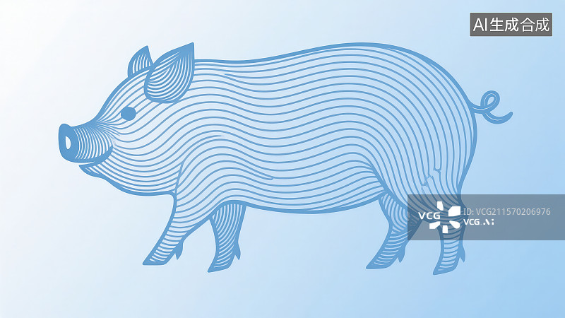 【AI数字艺术】浅蓝色极简线条艺术风格流动曲线勾勒“猪”轮廓，新年春节吉祥物属相传十二生肖动物“猪”年图片素材