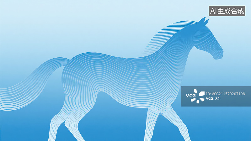 【AI数字艺术】浅蓝色极简线条艺术风格流动曲线勾勒“马”轮廓，新年春节吉祥物属相传十二生肖动物“马”年图片素材