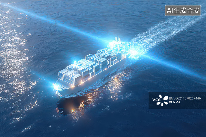 【AI数字艺术】智能集装箱货轮与蓝色科技海景图片素材