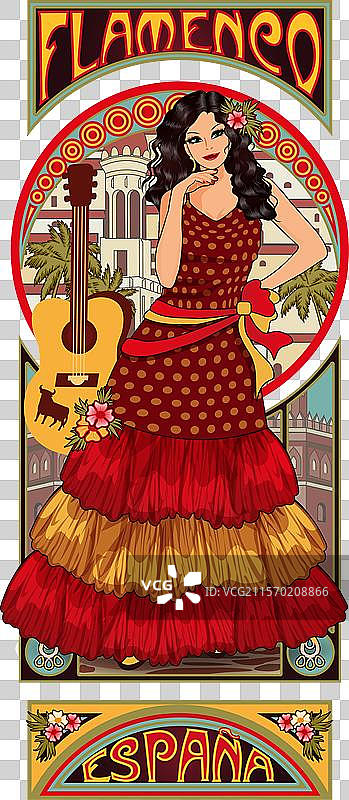 艺术新风格中的西班牙弗拉门戈年轻女孩与吉他图片素材