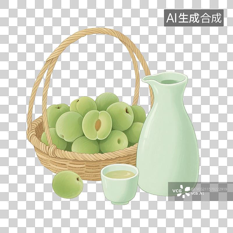 【AI数字艺术】国风手绘插画，青梅酒，梅子酒，米酒，酒壶，酒坛子，酒杯，传统文化，酒文化，免抠元素图片素材
