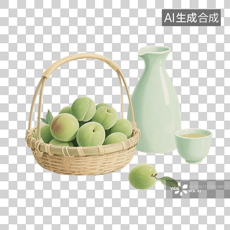 【AI数字艺术】国风手绘插画，青梅酒，梅子酒，米酒，酒壶，酒坛子，酒杯，传统文化，酒文化，免抠元素图片素材
